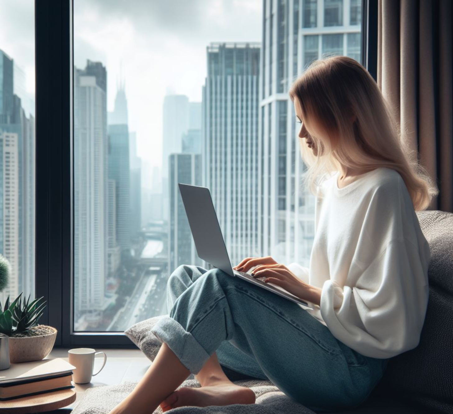 Woman working remotely at window